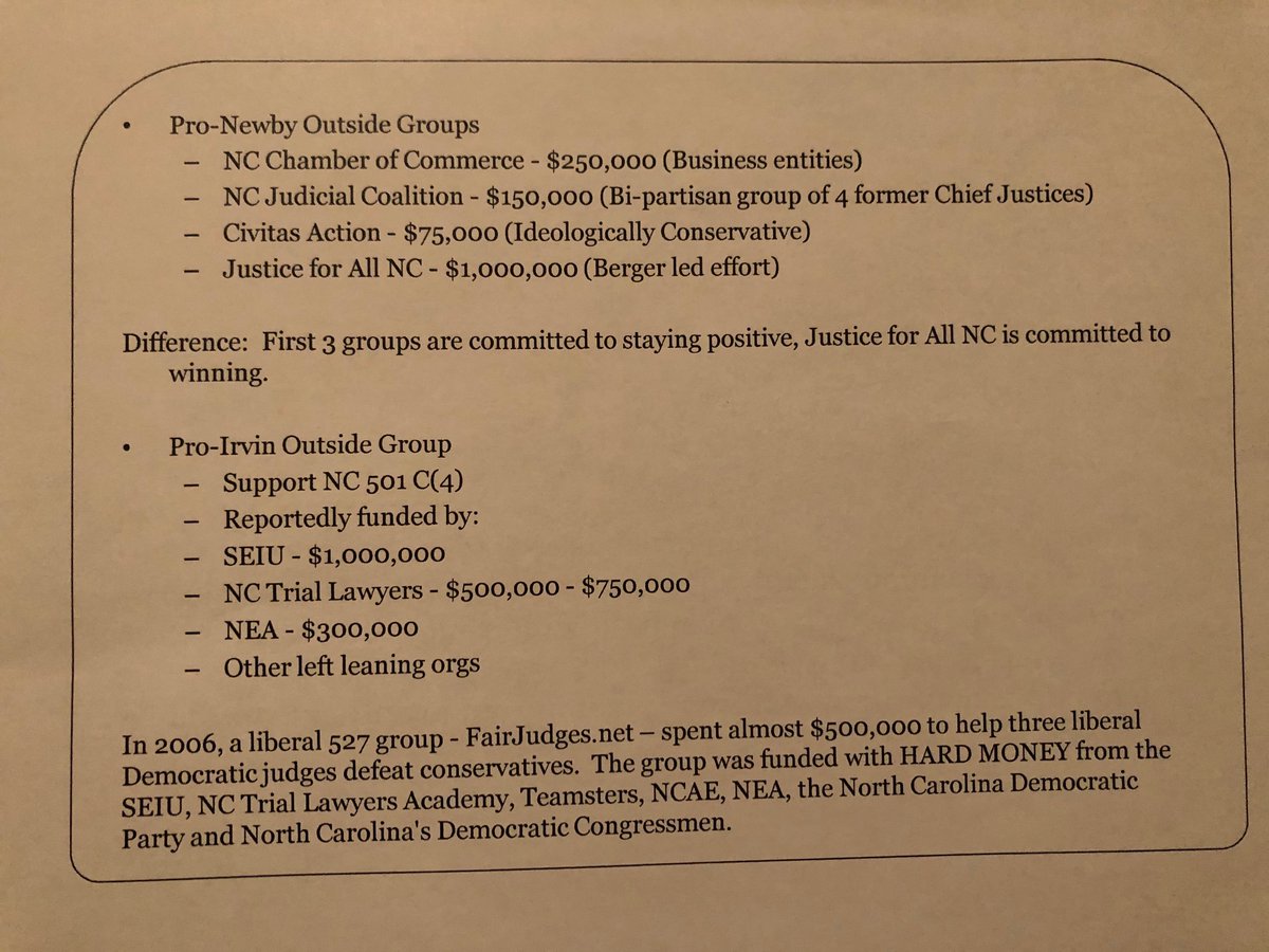 I should add: Getting Newby on the NC Supreme Court has long been a priority of the same RSLC forces that helped create the gerrymanders in NC this last decade. Here are just some of the never before seen internal documents from his 2012 race.