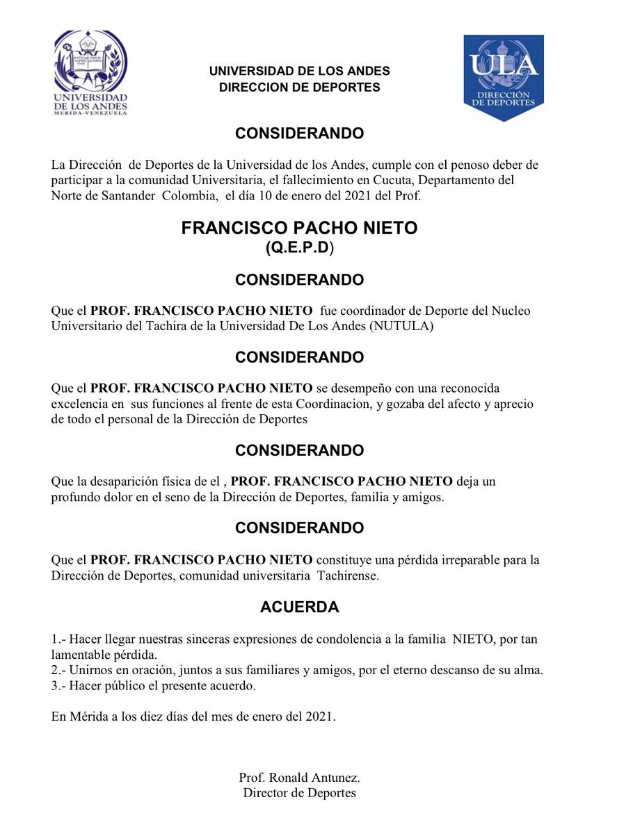 Nota de Duelo/ Francisco “Pacho” Nieto