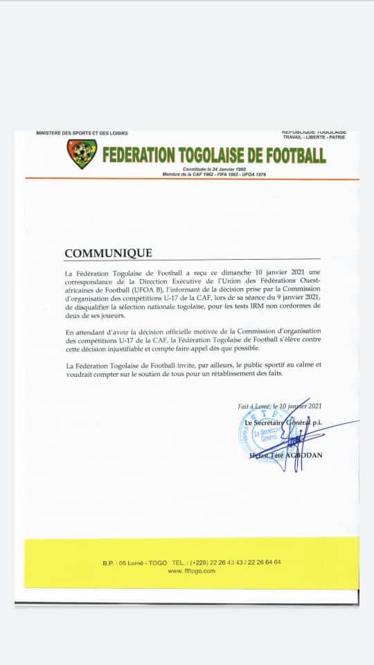 CAN U-17 Maroc 2021

Test d'éligibilité d'âge

En attendant la décision officielle de la commission d'organisation des compétitions U-17 de la CAF, La Fédération togolaise de football appelle le public sportif au calme.