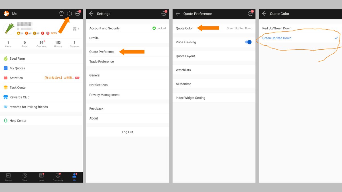 十克 Futu のスマホアプリ Futubull 上昇下降の色変更の方法 私もよく忘れるので記録 Me 歯車 Settings Quote Preference Quote Color T Co Yyjmrm2qnh