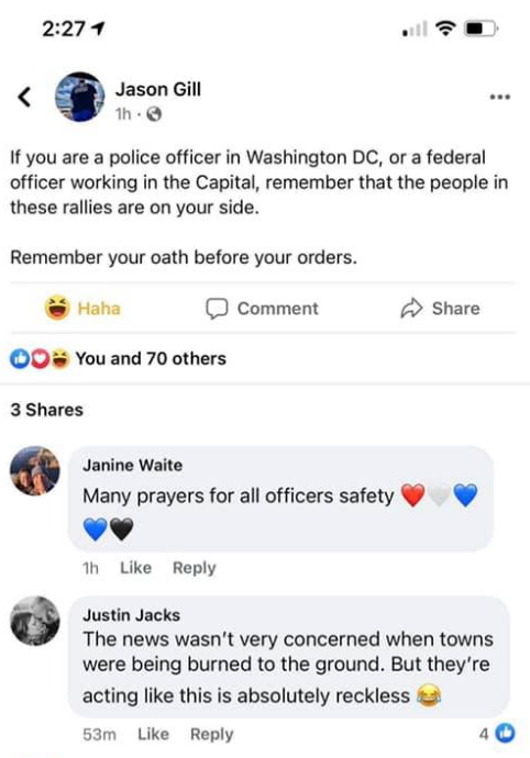Here's one for the "support" category, not attendance. Looks like Jason Gill, with the Sedgwick County Sheriff's Department in Kansas, made a post supporting the riot and calling on Capitol Hill cops to support it. Sheriff investigating.Reporting:  http://www.esubulletin.com/news/kansans-who-traveled-to-d-c-bonded-in-spiritual-war-organizer-says/article_3e140df4-52b2-11eb-991a-1fed9968a241.html