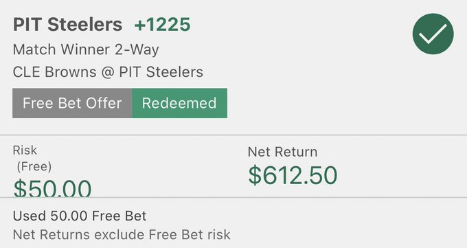 Anyone else take #HereWeGo #MoneyLine free bet @bet365 ?!!cause you never know lmao 😜 #browns #CLEvsPIT