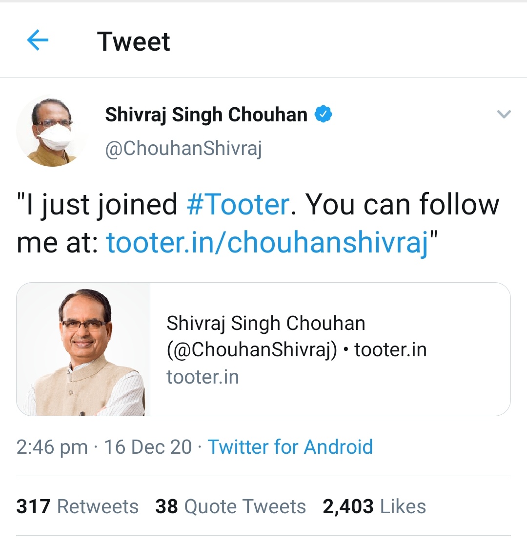 @SureshNakhua @RajeshChakram @Sootradhar Most of the accounts are reserve accounts for the said VIPs opened by @TooterDotIn itself. When these leaders will want to join tooter, those IDs will be handed over to them. But @ChouhanShivraj mama has opened his account on tooter.
twitter.com/ChouhanShivraj…