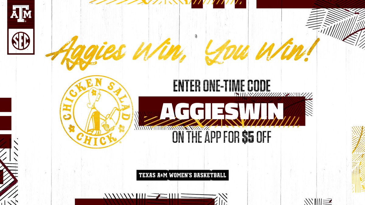 We won! So everyone won! Enter the code and get a little discount 🥳 #GigEm | @chickensaladchi
