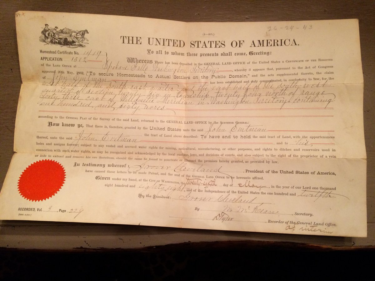 5/ I was raised on a 5th-generation family farm. My great great grandfather homesteaded in Valleyford, WA in 1887. Grover Cleveland, the 22nd US president, signed his homestead act papers, granting him 160 acres.134 years later, our farm is now 13,000+ acresCertificate 