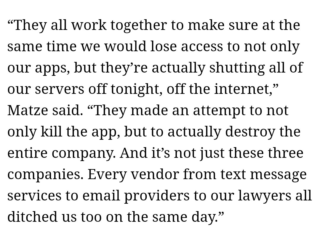 Bad news for Parler: They've gotten ditched by Apple, Google, Amazon, text message services and email providers. Other bad news: Their lawyers left, too  https://deadline.com/2021/01/parler-ceo-says-service-dropped-by-every-vendor-and-could-end-the-company-1234670607/