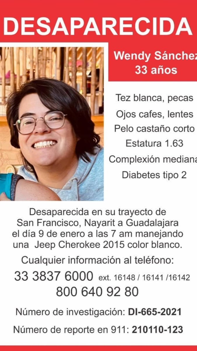 Gentes, me ayudan a difundir? 

No se tiene noticias de Wendy desde ayer a las 7 am, la última ves que fue vista estaba manejando una jeep Cherokee 2015 color blanco. Iba de regreso a Guadalajara desde San Pancho, Nayarit.
