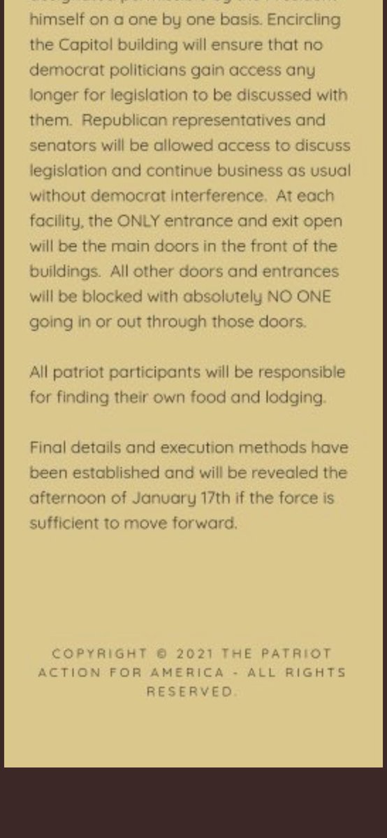 “All patriot participants will be responsible for finding their own food and lodging.”