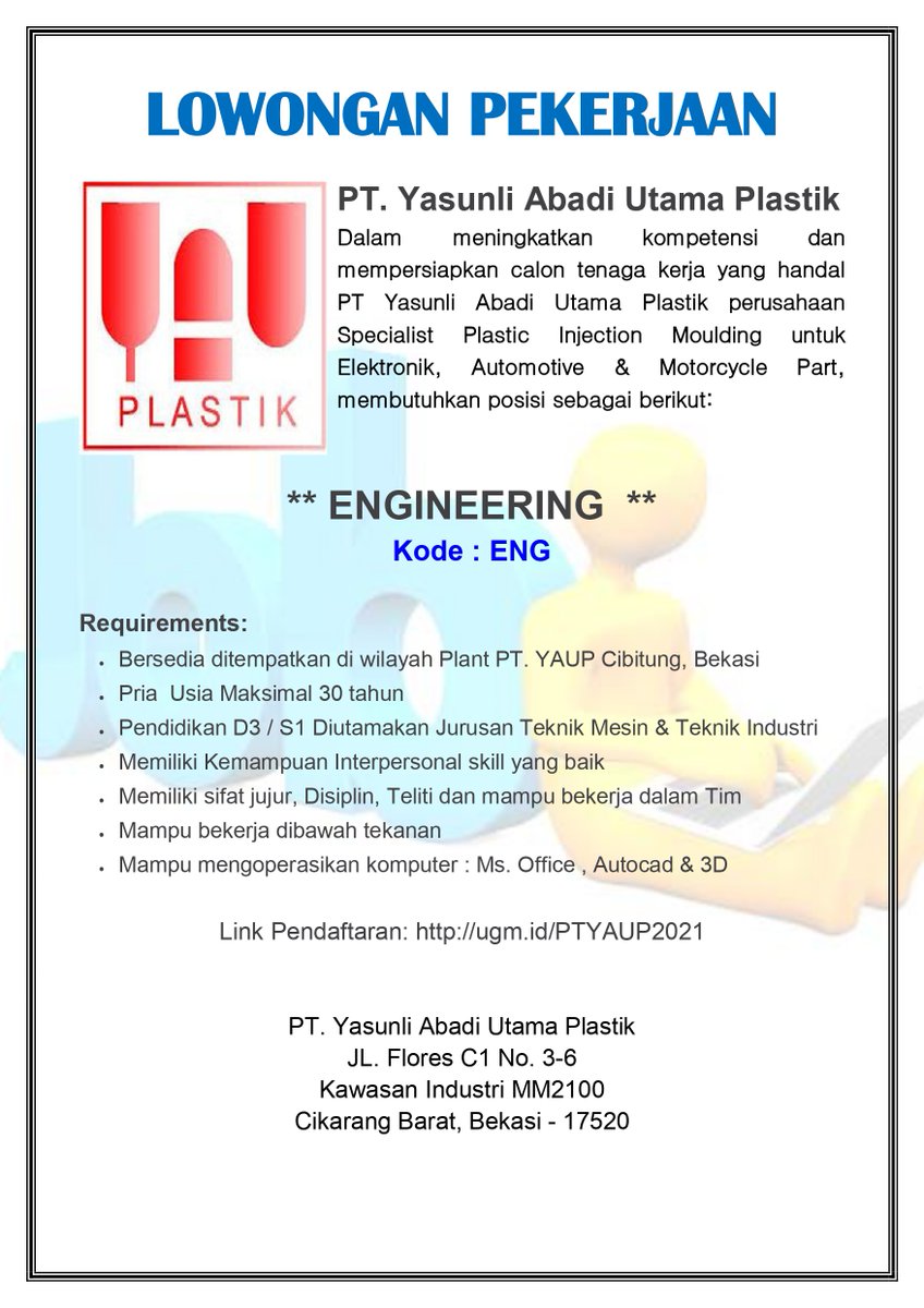 Hello Sobat VDC!
PT Yasunli Abadi Utama Plastik membuka lowongan pekerjaan untuk lulusan D3/S1.
Informasi lebih lengkap lihat di poster dan jangan lupa mendaftar!

Link pendaftaran: ugm.id/PTYAUP2021
Pendaftaran paling lambat 5 Februari 2020