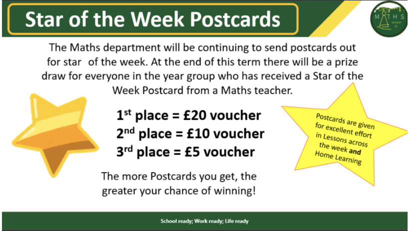 Horizonccmaths's tweet photo. We're very excited to launch our Star of the Week prize draw to celebrate our students who go above and beyond in their learning - click below to find out about the big prizes on offer and how to increase your probability of winning! #success #workhard #beproud #prizes #mathscomp https://t.co/wpnZKth5Vu