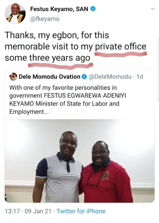 Laurestar's tweet photo. In 2017 Dele Momodu was dragged for trying to come between our President &amp; Vice President

His response
An old photo of his miserable self &amp; Mr. President

Tackled in 2021
His Response?
An old photo of him &amp; Min. @fkeyamo

For Round 3:
It would be his photo with my LGA Councillor https://t.co/XWysDgw8MS