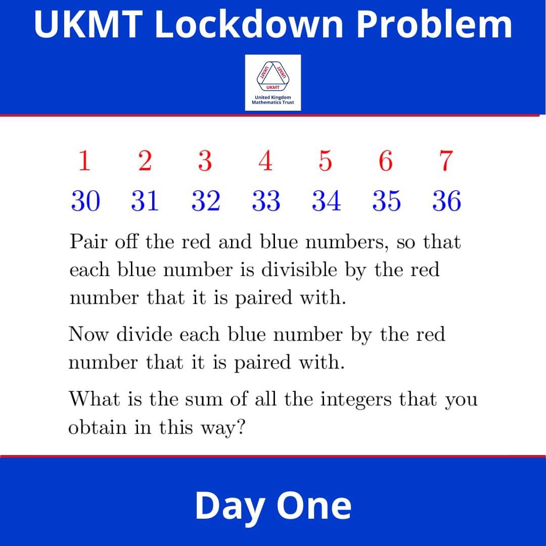 UKMT Lockdown Problems: Day One.

#UKMT #UKMathsTrust #MathsProblem