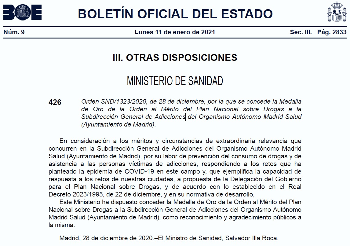 madridsalud's tweet photo. Se concede la Medalla de Oro de la Orden al Mérito del @PNSDgob al Instituto de Adicciones (SG de adicciones) de @madridsalud (@Madrid), por su labor de prevención del consumo de drogas y de asistencia a las personas víctimas de adicciones, durante la pandemia. @sanidadgob https://t.co/3LbrmQDZTf