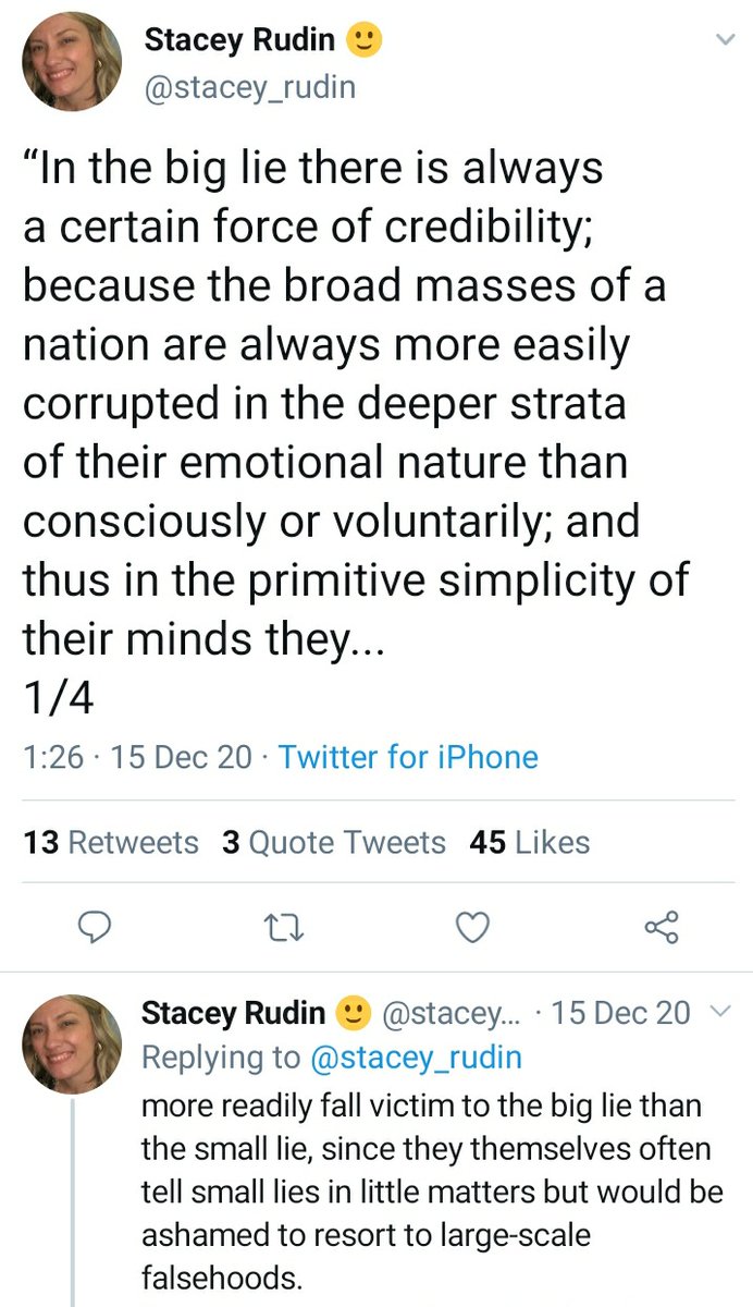 Senger concludes his 206 tweet thread by quote-tweeting Stacey Rudin's tweeted extract from Adolf Hitler's Mein Kampf. Both appear to see Hitler's 1925 account of the appeal of "the big lie" as the perfect summary and explanation of this so-called Covid pandemic of 2020.