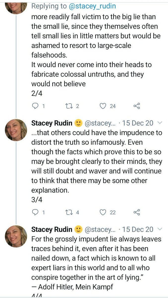 Senger concludes his 206 tweet thread by quote-tweeting Stacey Rudin's tweeted extract from Adolf Hitler's Mein Kampf. Both appear to see Hitler's 1925 account of the appeal of "the big lie" as the perfect summary and explanation of this so-called Covid pandemic of 2020.