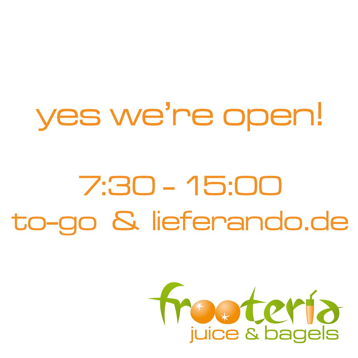 frooteria's tweet photo. seit heute sind wir wieder mo-fr von 7:30 - 15:00 für euch da (to-go und über #lieferando)!

wir freuen uns auf euch!😊 https://t.co/5LxAfh4jSG