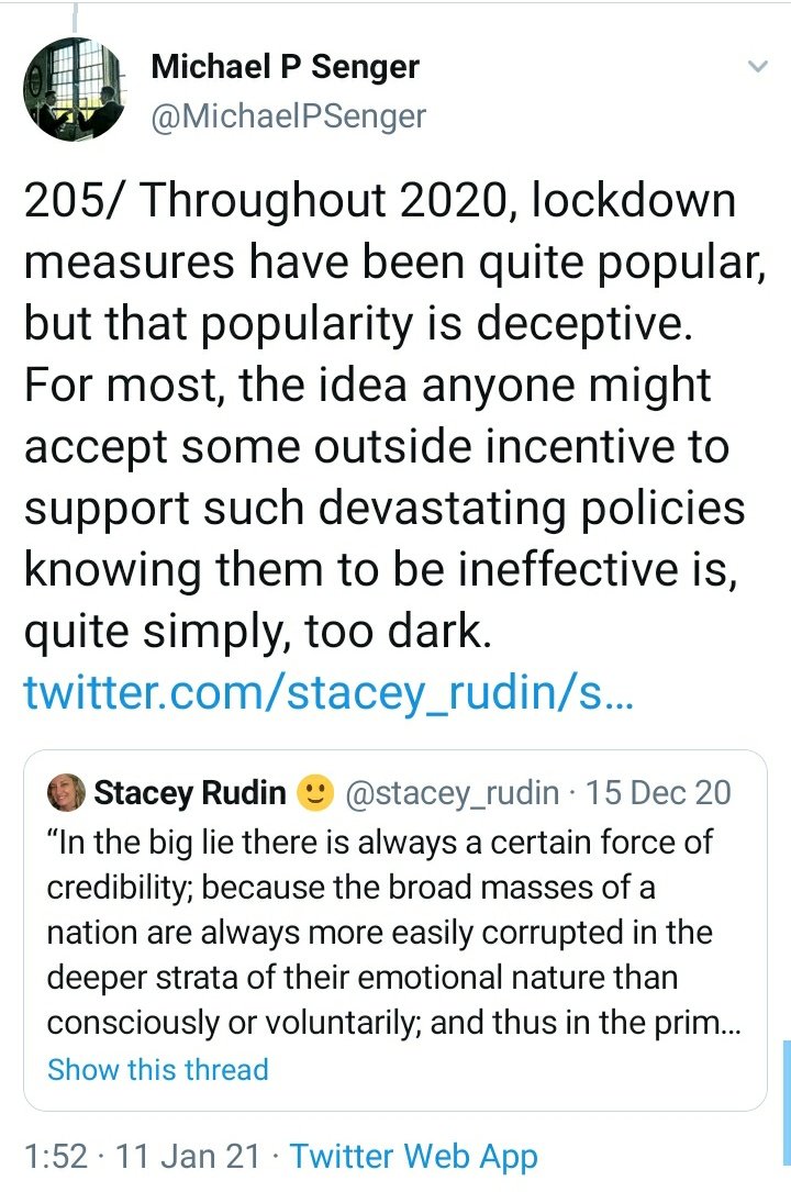 Senger concludes his 206 tweet thread by quote-tweeting Stacey Rudin's tweeted extract from Adolf Hitler's Mein Kampf. Both appear to see Hitler's 1925 account of the appeal of "the big lie" as the perfect summary and explanation of this so-called Covid pandemic of 2020.