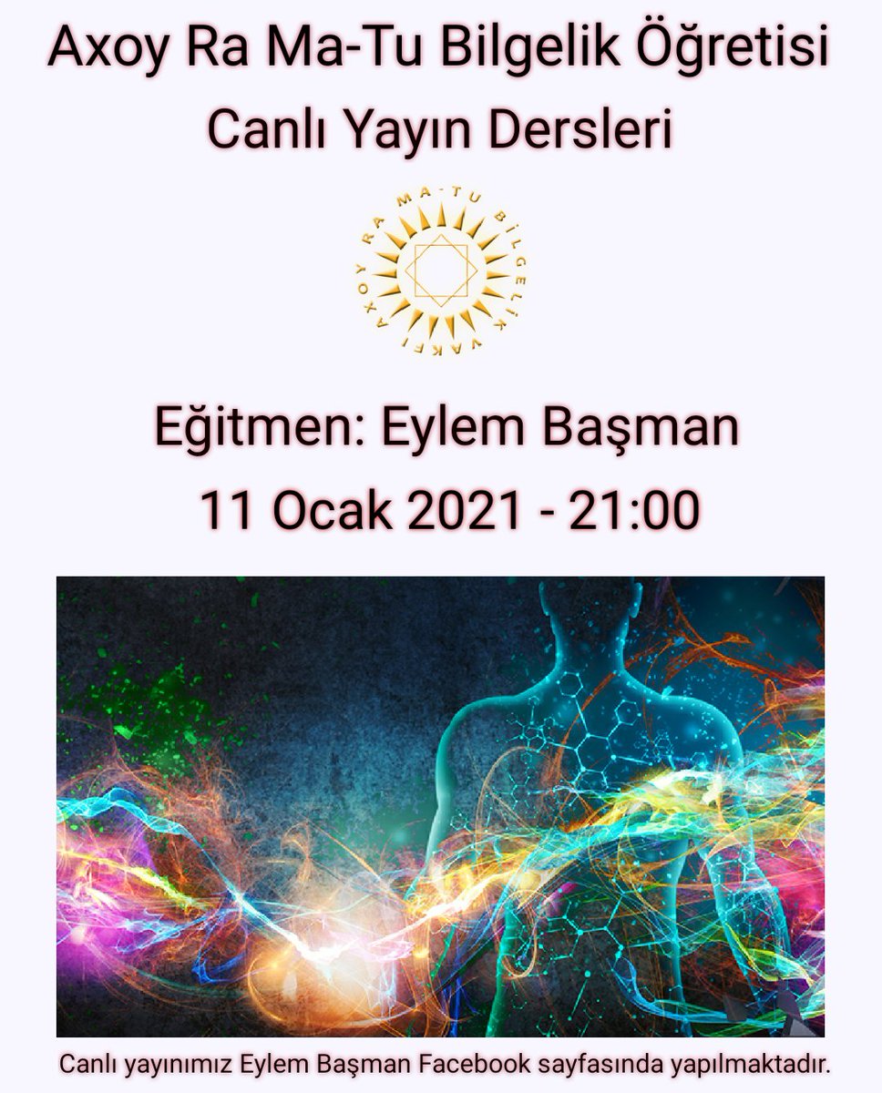 AxoyRaMatuVakfi's tweet photo. Axoy Ra Ma-Tu Bilgelik Öğretisi
Canlı Yayın Dersleri
Tarih: 11 Ocak 2021
Saat: 21:00
Eğitmen: Eylem Başman
Facebook linkimiz; https://t.co/pac8NNL9yt https://t.co/YRSoNt1NgQ