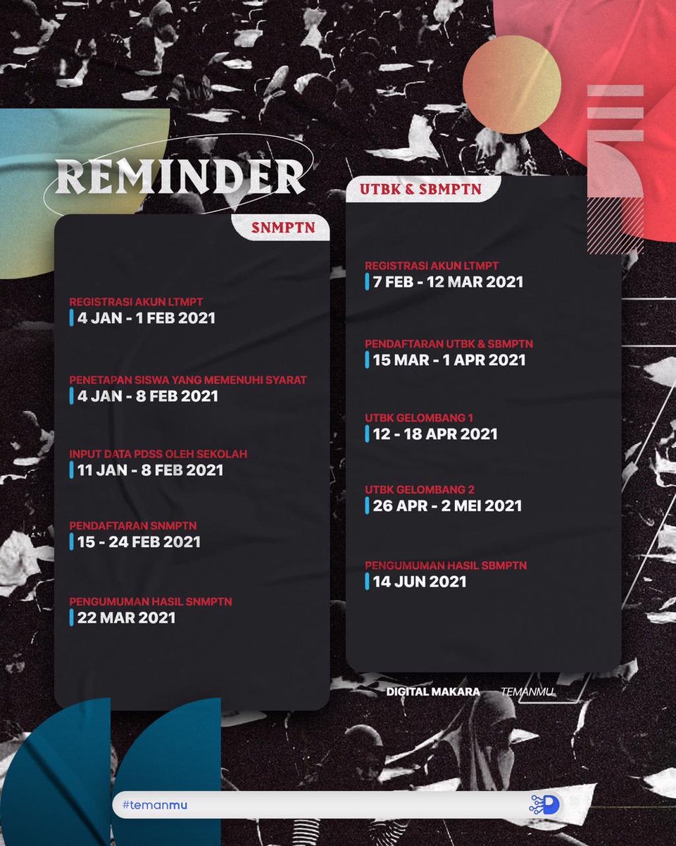 digitalmakara's tweet image. 🚨JADWAL SNMPTN DAN UTBK SEBENTAR LAGI🚨

Dear Digifriends, Digi Geng udah buatin reminder spesial buat kamu biar gak kelupaan jadwal SNMPTN dan UTBK 2021 tahun ini.

Jangan lupa disave reminder dibawah ini dan jangan lupa mempersiapkan diri karna waktunya sebentar lagi!🤯