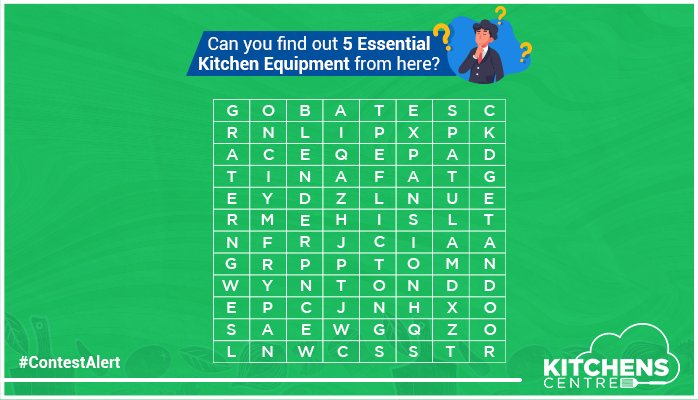 Kitchens_Centre's tweet photo. CONTEST!

Find out as many kitchen equipments as you can from the above puzzle and get a chance to feature on our page.
 
To participate:
1. Answer in the section below
2.Tag 4 chefs from your friendlist &amp; seek their help. 
3. Mention #TakeawaySuccess, like the page &amp; the post. https://t.co/RfBoynLzLR