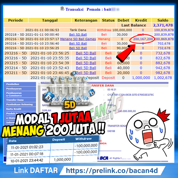 Bacan4D's tweet photo. Selamat Kepada Member Kami Bacan4D
Dengan ID baitxXXx

Telah Menang 5D Ball Sebesar 200 Juta Rupiah
 
Penarikan Dana Rp 200,167,200 Di proses hitungan menit!

ASLI BUKAN HOAX !!

Mau beruntung seperti member kami di atas?

Daftar sekarang!

#5DBall
#bacan4d https://t.co/v1m2zbu0r7