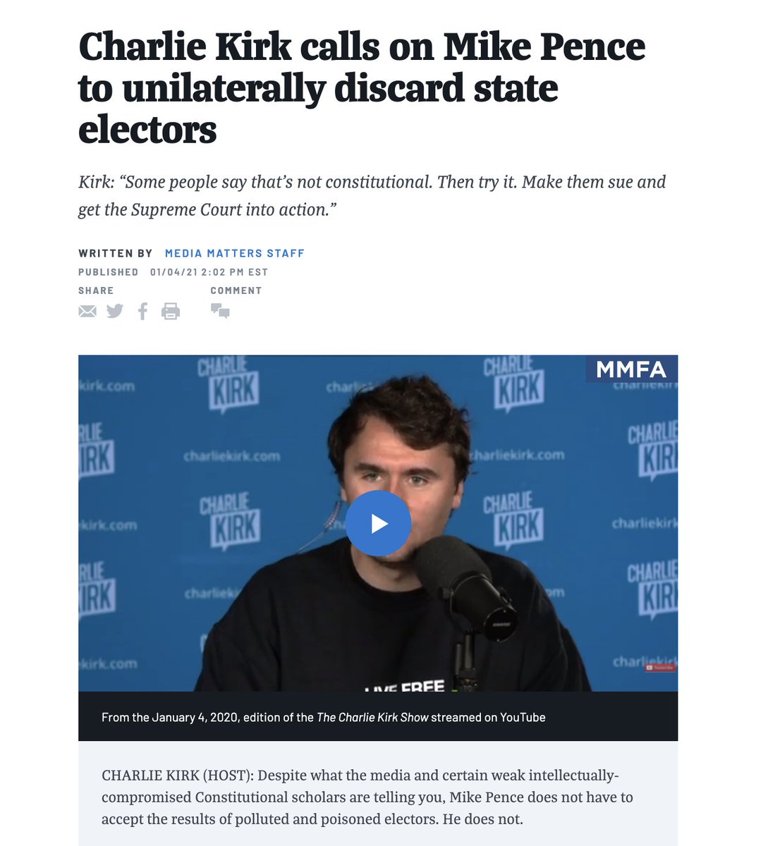 In the weeks leading up to the event, Kirk played into the conspiracy theories that led to the violence, such as the false notion that Mike Pence could overturn the election.