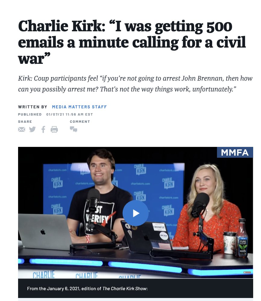 After the insurrection took place, Charlie Kirk was deeply sympathetic to the perpetrators, saying that it would be unfortunate if they got arrested, and justifying their actions.