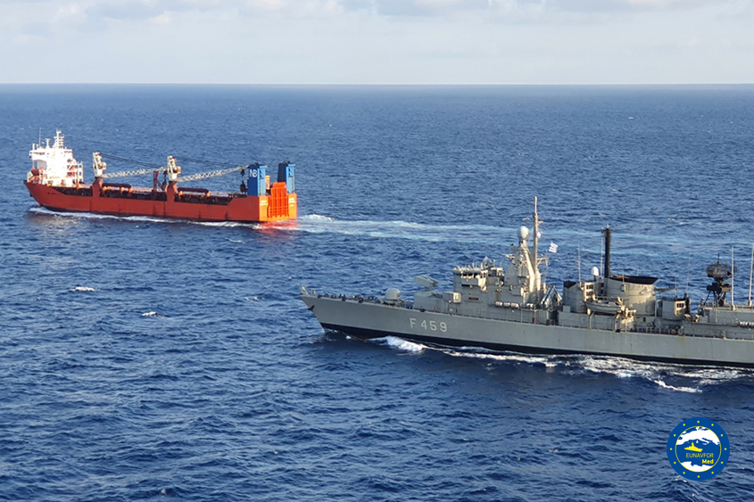 EUNAVFOR_MED's tweet photo. #Irini flagship, #Adrias of @NavyGR, did the 63th friendly visit of the Operation to a merchant vessel, the cooperative Adler. #OpIrini works together with the shipping companies to free #CentralMed from illicit traffics. We are #StrongerTogether. 
#Irini4Peace #Irini4libya https://t.co/sGclj4ySPq