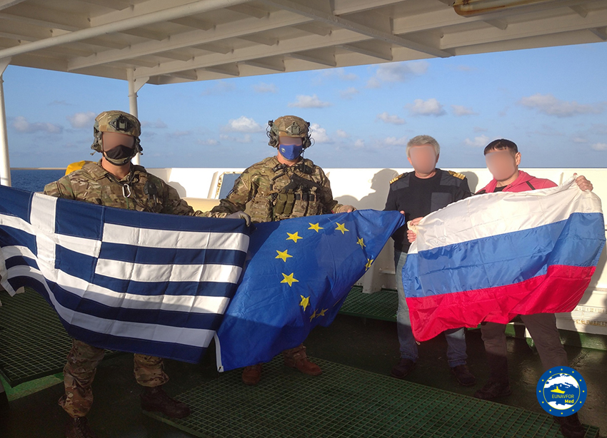 #Irini flagship, #Adrias of @NavyGR, did the 63th friendly visit of the Operation to a merchant vessel, the cooperative Adler. #OpIrini works together with the shipping companies to free #CentralMed from illicit traffics. We are #StrongerTogether. 
#Irini4Peace #Irini4libya