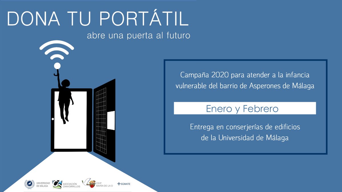 Aún estás a tiempo de donar ese portátil que ya no usas y ayudar a paliar la pobreza digital. Puedes dejar tu equipo en cualquier conserjería de la Universidad de Málaga. Continuamos nuestra campaña durante los meses de Enero y Febrero