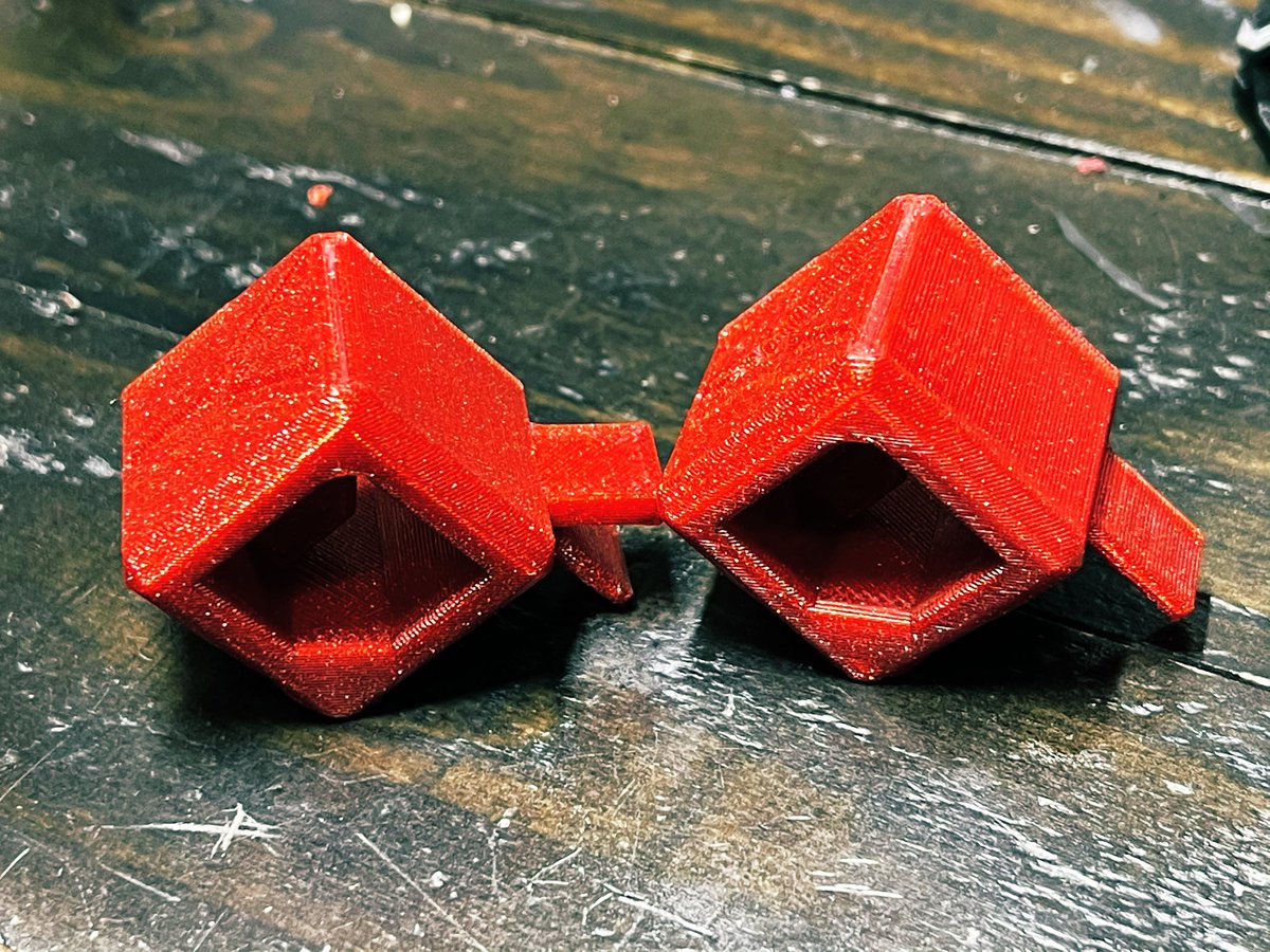 TheLightSpeedz's tweet photo. My new test object with plenty of angles, and support removal testing. Printed in @prusament Carmine Red PETG. On the @Filastruder Railcore with a @SliceEngineer High Flow Magnum and a 0.5 #bridgemaster nozzle. https://t.co/MkiKosPIyB