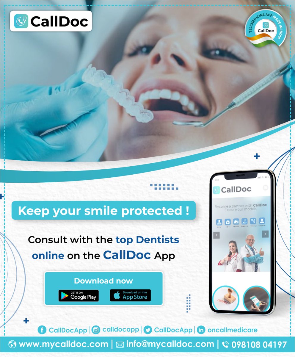 CallDocApp's tweet image. Get rid of all your dental problems. Now consult with the top #Dentists online on the CallDoc App &amp;amp; showcase your beautiful smile.
#CallDoc is a #teleconsultation App. Download Now onelink.to/calldoc
#doctorsonline #healthcare #telemedicine #Healthyteeth
@MoHFW_INDIA