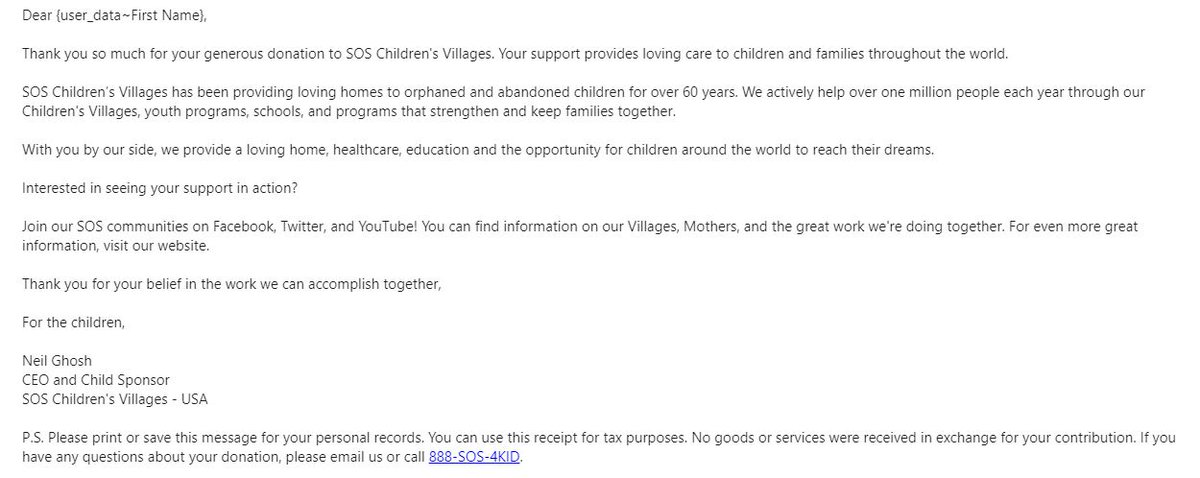TowerCleared's tweet image. This is the confirmation receipt that @SOSChildrenUSA sent me via e-mail. It's so completely devoid of any information whatsoever that I didn't have to black anything out! 😂🤣😂