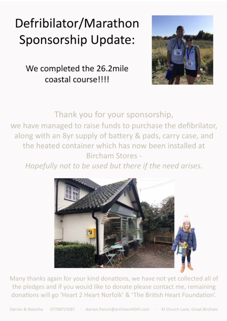 Jayne1412's tweet photo. The 26.2 mile coastal course was completed last year by Darren French to raise money for a public 24/7 defib outside Bircham Stores.Thank you for the generous donation of £300 from the extra sponsorship money. #heart2heartnorfolk #kingslynn #aed #cpr #bircham #fundraisingishard https://t.co/q819cJhwS6