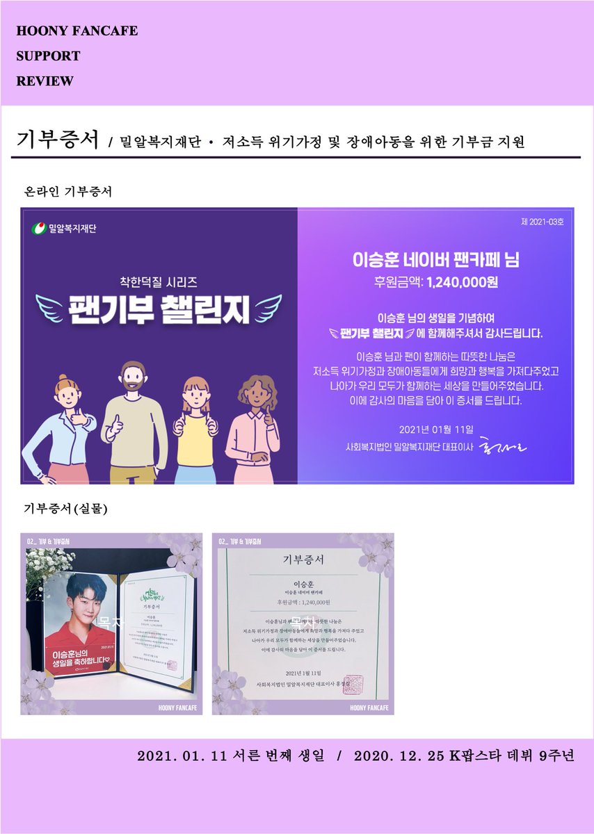 HOONY_FANCAFE's tweet photo. 𝐒𝐮𝐩𝐩𝐨𝐫𝐭 𝐑𝐞𝐯𝐢𝐞𝐰 (𝟐)

ㅡ 기부증서 ｡˚✩

평소 승훈군의 진심어린 소통에서 느껴지는 마음의 온기가 소중하게 지켜주어야 할 아동들에게 함께 전달되었으면 하는 마음으로 팬기부가 진행되었습니다.

#HOONYBERRYDAY
#우리의보물_승훈아_생일축하해
#밀알복지재단 #팬기부챌린지 #이승훈 https://t.co/SuZzd2si9X