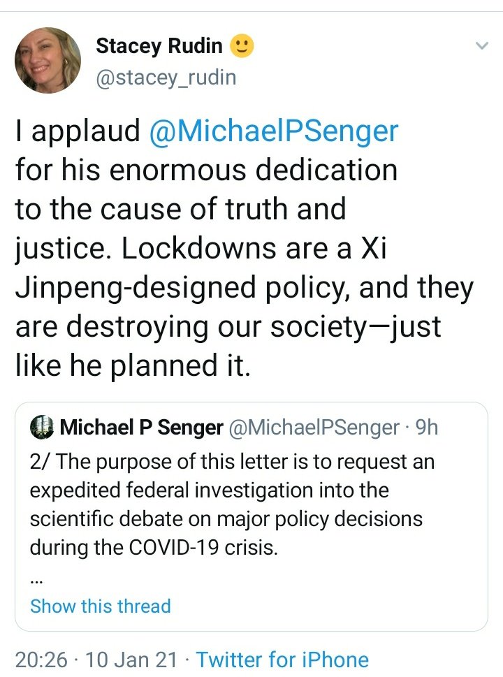 Stacey Rudin is an Attorney, member of American Institute of Economic Research & an anti-lockdown activist. She denies that there is any Covid pandemic, and compares lockdown sceptics to the abolitionists who ended slavery. https://www.aier.org/staffs/stacey-rudin/