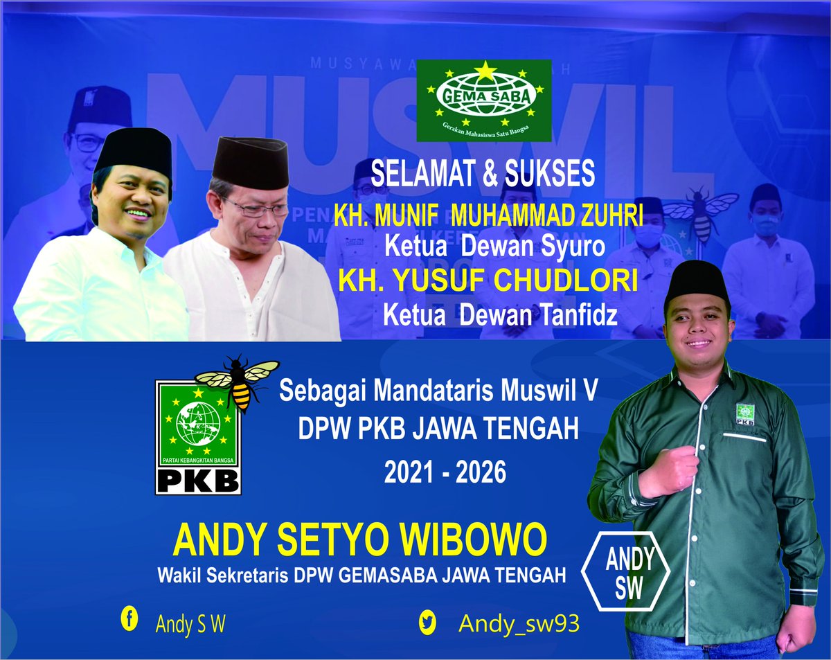 selamat &amp; Sukses kembali menahkodai <a href="/pkbjawatengah/">DPW PKB Jateng</a>  #Aksimelayaniibupertiwi  cc: <a href="/cakimiNOW/">A Muhaimin Iskandar</a> <a href="/yusuf_ch/">M Yusuf Chudlory</a> <a href="/EmHasanuddin/">M Hasanuddin Wahid</a> <a href="/Sukirman_Kir/">Sukirman</a> <a href="/heru_wido2/">Heru Widodo</a> <a href="/TbAdamMarifat/">Adam Ma'rifat</a> <a href="/hamid_amx/">abdul hamid</a> <a href="/DPP_PKB/">DPP PKB</a> <a href="/DPN_GEMASABA/">DPN GEMASABA</a> <a href="/gemasaba_byl/">Gemasaba Boyolali</a>