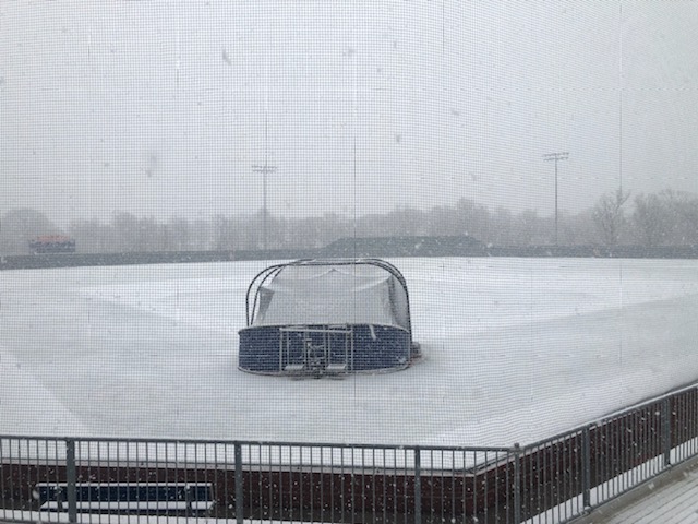 JerryCourtney's tweet photo. My back is really happy that there is astroturf and not grass under that snow!  First practice is in 8 days! #HOLDN #guardbaseball https://t.co/fb30HQvn7M