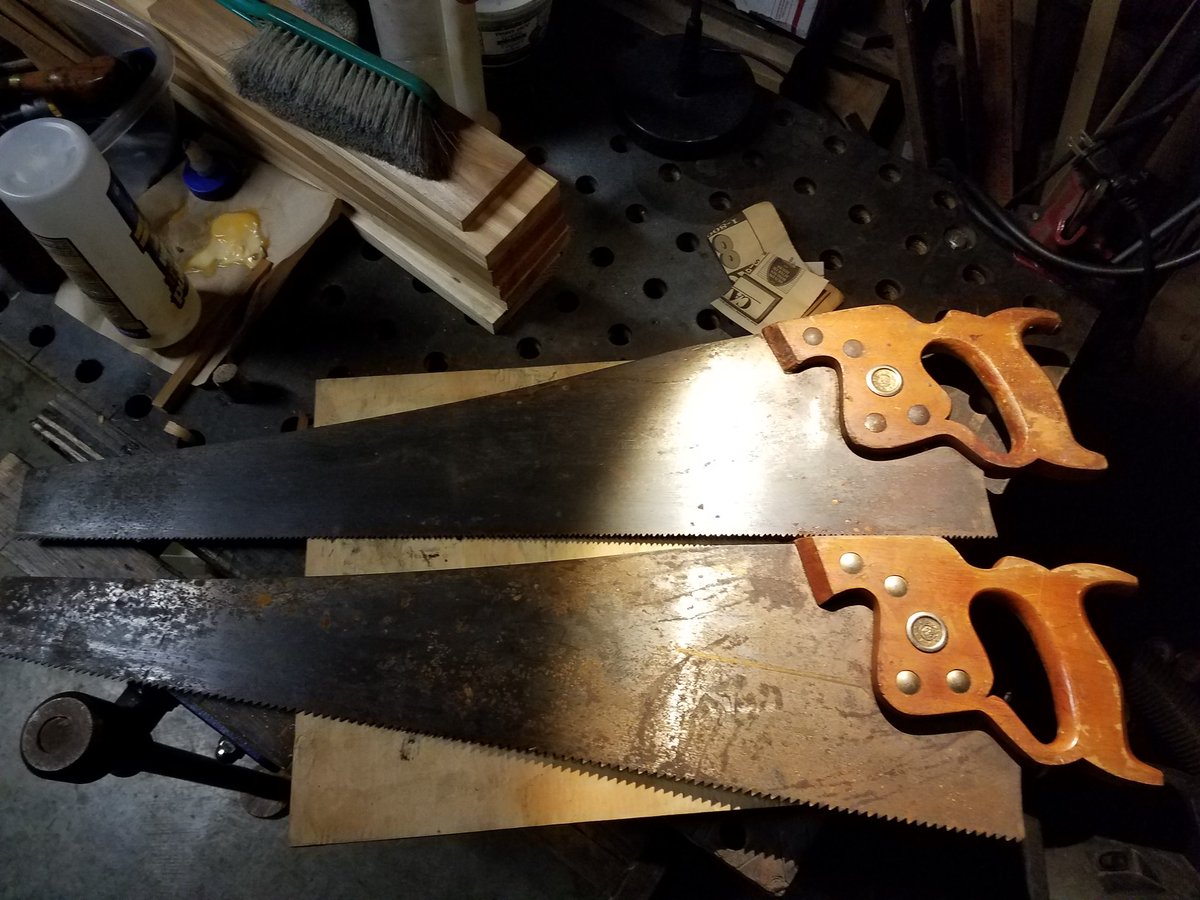NickMilanovich's tweet photo. A couple of #Disston #handsaw #restorations. The handles were modified for comfort, then french polished.
#tool #tools #handtool #handtools #woodworking #woodworker #vintage https://t.co/4FET8EUqDI