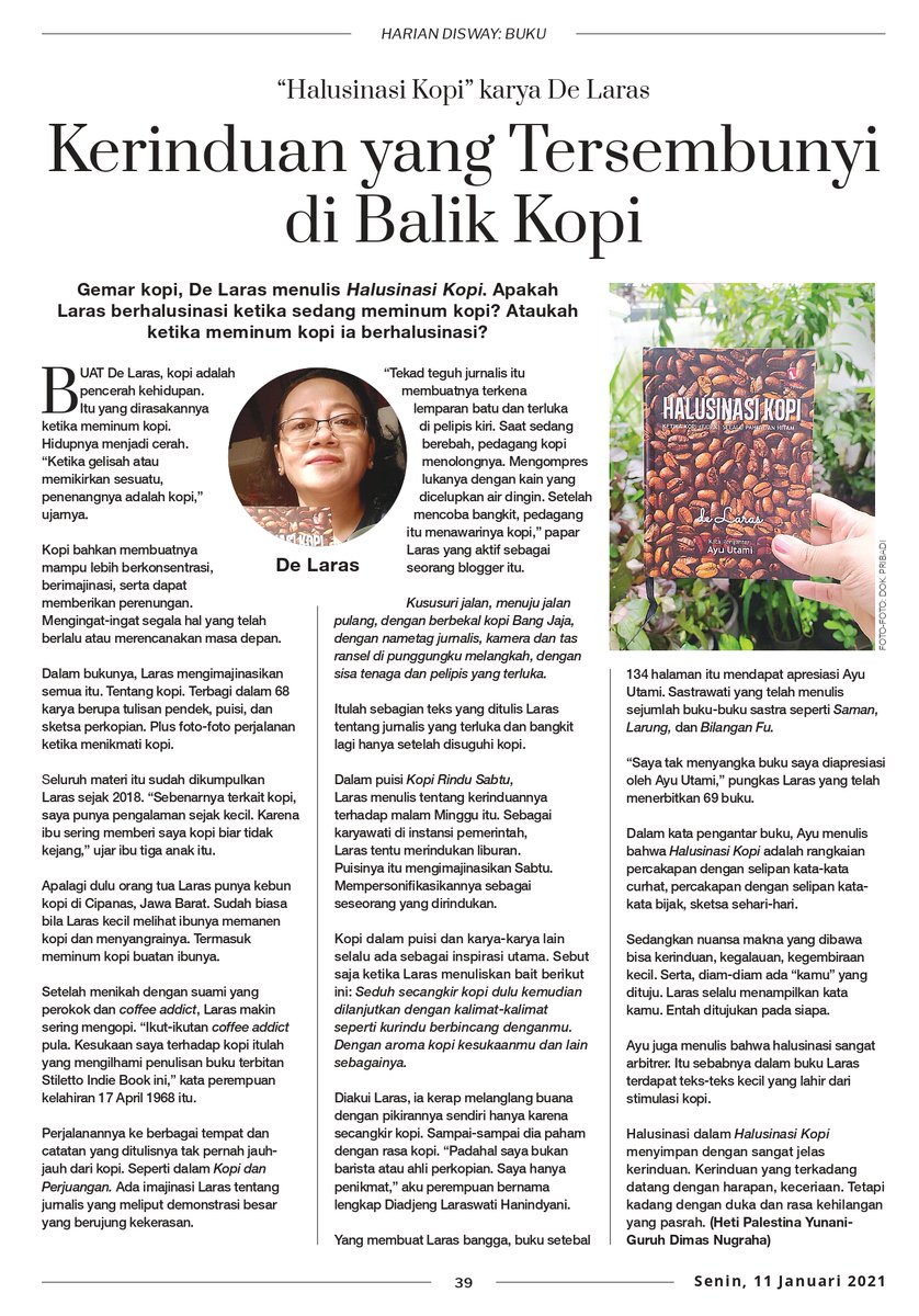 Buku Halusinasi Kopi diulas di Harian Disway, 11 Januari 2021. Penasaran? Hubungi aku ya, atau ke <a href="/Stiletto_Book/">Penerbit Stiletto Book</a> 
#delaras #delarasngopi #halusinasikopi #bukukopi