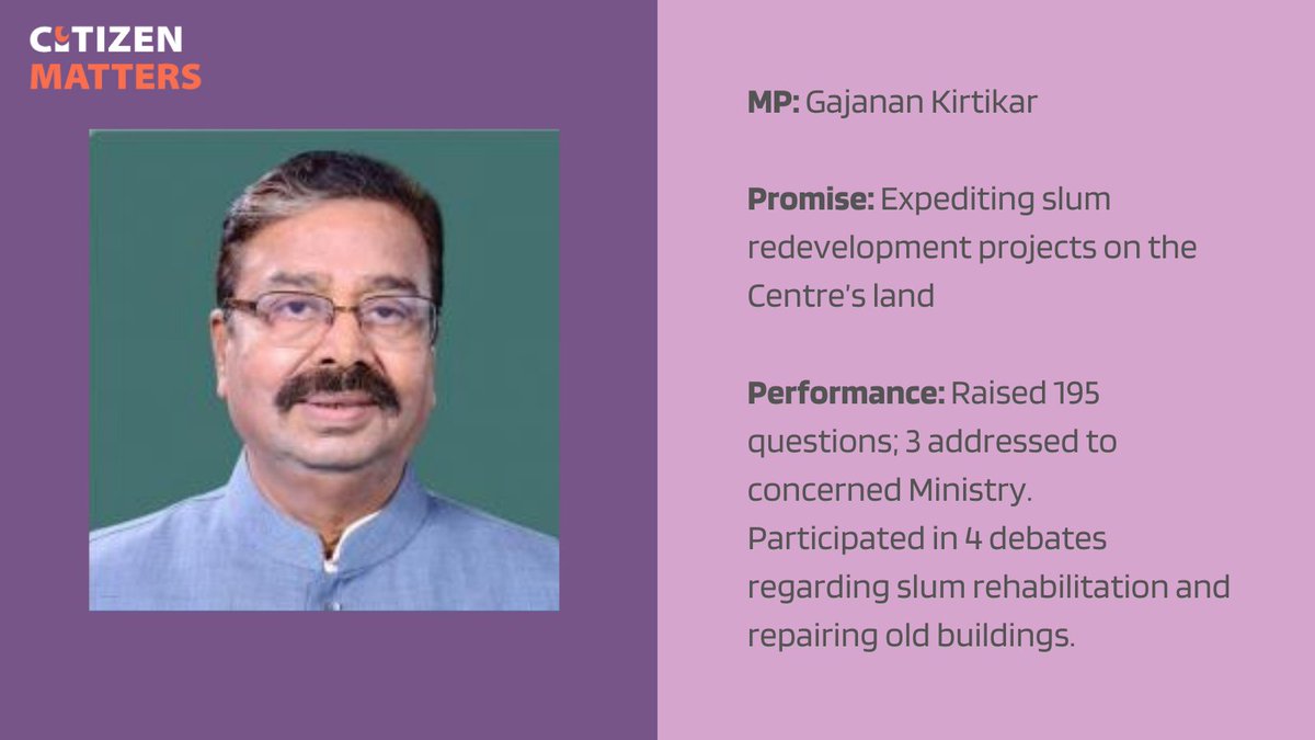 Our election profile of MP Gajanan Kirtikar:  https://citizenmatters.in/mumbai-north-west-mp-gajanan-kirtikar-profile-lok-sabha-11944