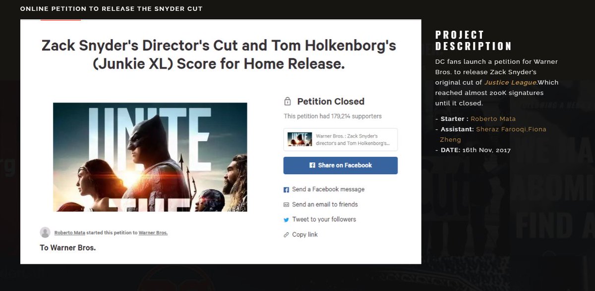 The road of  #ReleaseTheSnyderCut, how it started, a looking back of our monument. 1.DC fans launch a petition for Warner Bros. to release Zack Snyder’s original cut of Justice League. Which reached almost 200K signatures until it closed.DATE: 16th Nov, 2017