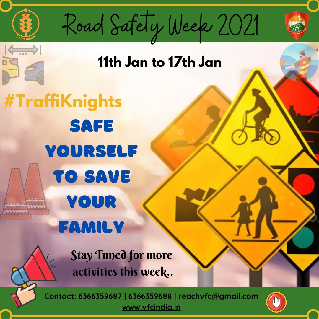 TraffiKnights's tweet photo. Road Safety Awareness Week | 11th to 17th January

Stay tuned for more interesting activities in the upcoming days of the awareness week!

#SafeYourselfToSaveYourFamily #NationalRoadSafetyWeek #RoadSafety #SafetyFirst #Traffiknights #VolunteerForaCause #VFCIndia #VFC https://t.co/26mBS5eXrH