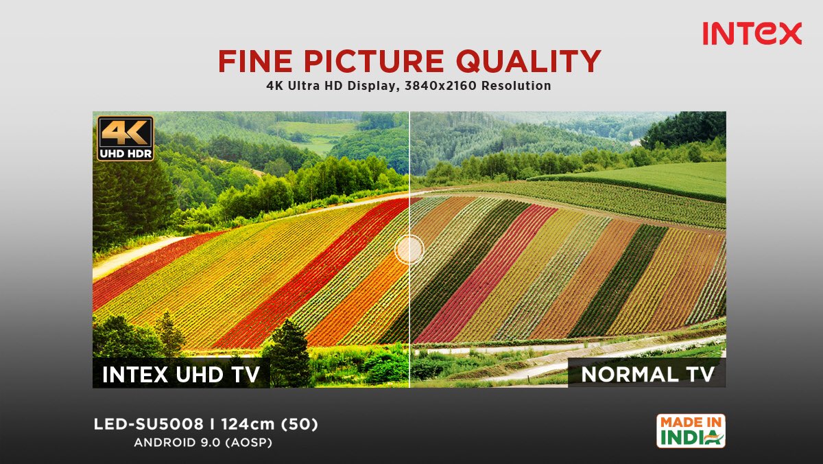 IntexBrand's tweet image. Pls post on insta - Watch even the finest details in 4K UHD with Intex LED-SU5008 Smart Android TV!

Watch the product video here - bit.ly/3hYInhM

Click to know more - bit.ly/2XuItnS
#IntexLED #UHDTV #LEDTV #SmartTV #AndroidTV