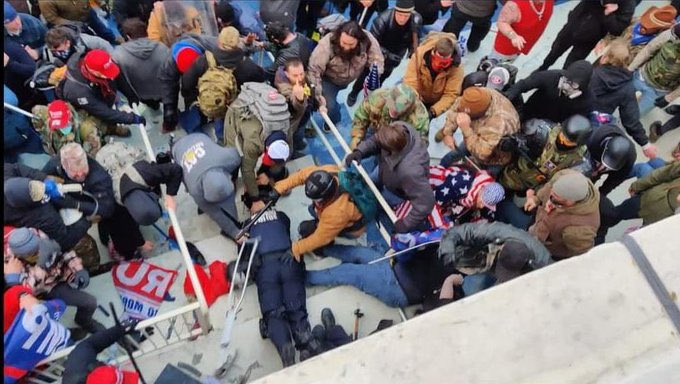chipfranklin's tweet photo. A #MAGATerrorist at the Capitol, killing police officers.
They beat him over the head with a fire extinguisher.
This guy was doing his job, protecting Pelosi AND Cruz.
Protecting your country.

But you have played your miserable, weak hand.
Now? It's our turn. We won't forget. https://t.co/fEvuMHMn6B