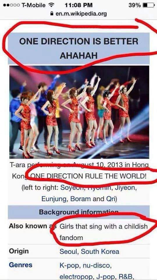 t-ara beat one direction in the worldwide billboard fanwar in like 2015 and all of the directioners went insane,, just go to #DirectionersFuneral