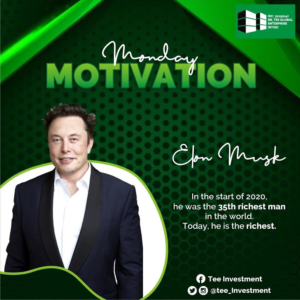 tee_investment's tweet photo. Never give up, Never give in, always trust the process as much as you keep putting in your hardwork and consistency for it.
*#Celeberating Elon musk*
*#Billonaires think grow and Expand* https://t.co/ziVJkyL8Bn