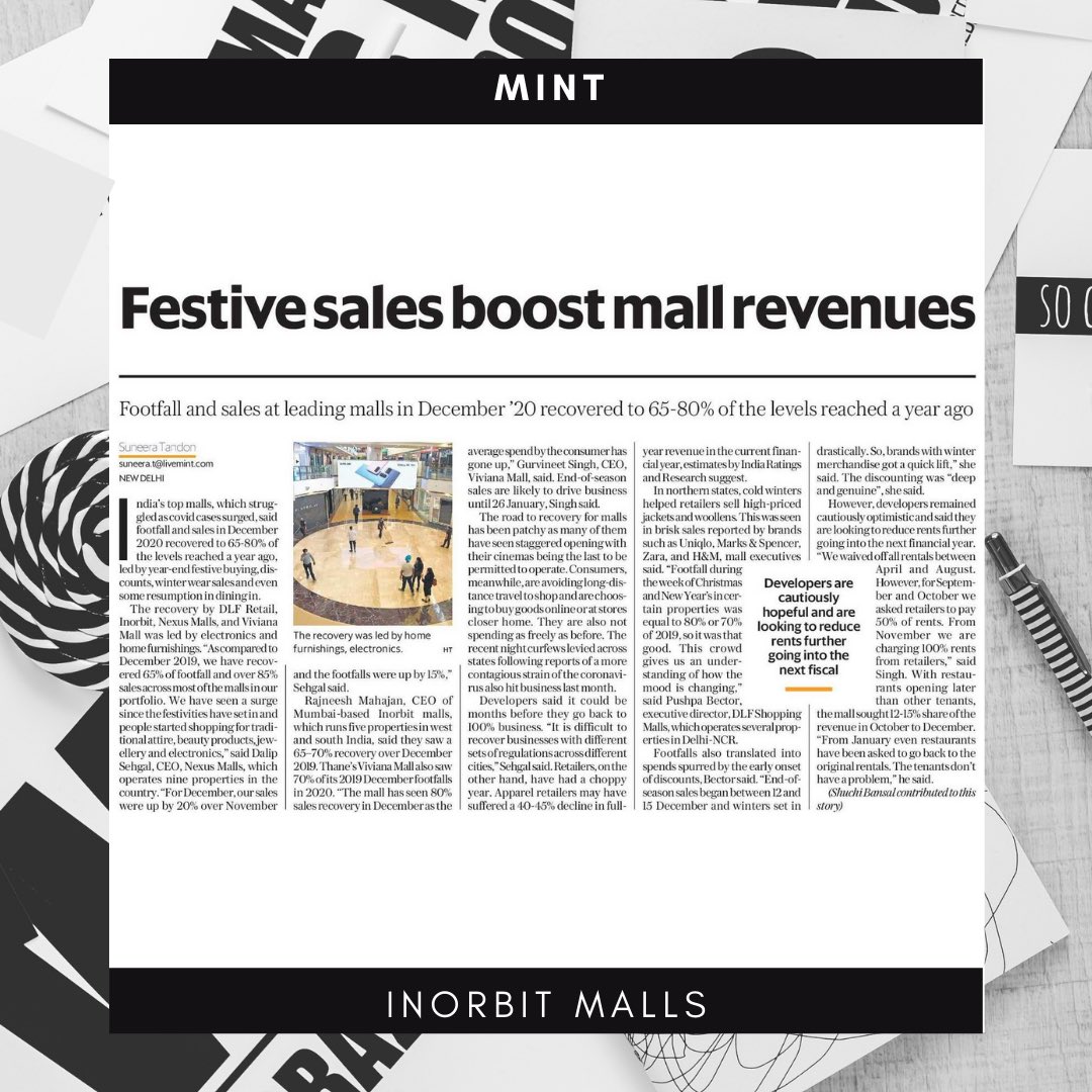 actimediaindia's tweet photo. .@InorbitMall that runs 5 properties in west and south India says they saw 65%-70% recovery over December 2019. Read more in @livemint by Suneera Tandon:
https://t.co/vZ0MPxUUDx
#inorbitmalls #shoppingmall #mall #publicrelations #media #publicity #business #actimediaprndigital https://t.co/rSknLsmB4y