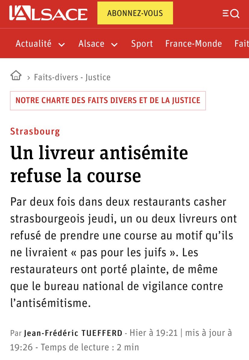 A #strasbourg en 2021 ! Deux courses #deliveroo refusées au motif que le livreur ne veut pas « livrer des juifs ». 
Des sanctions doivent être prises. La responsabilité de <a href="/Deliveroo_FR/">🍣 Deliveroo France</a> est engagée ! L’#antisemitisme n’est pas une opinion mais un délit ! #nopasaran