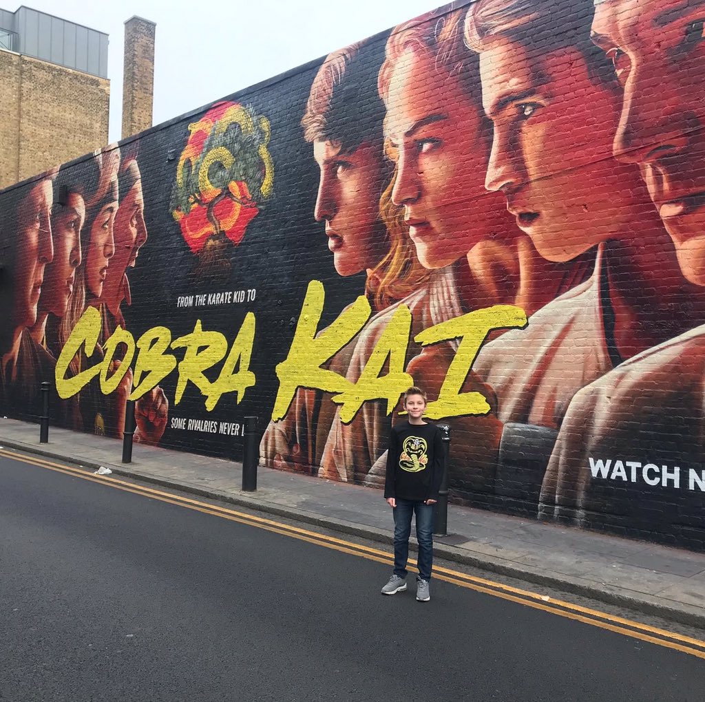 Cobra Kai murals looking awesome. This mini fan was impressed #OOH #Urbancanvas @kineticwwUK @WavemakerUK @netflix